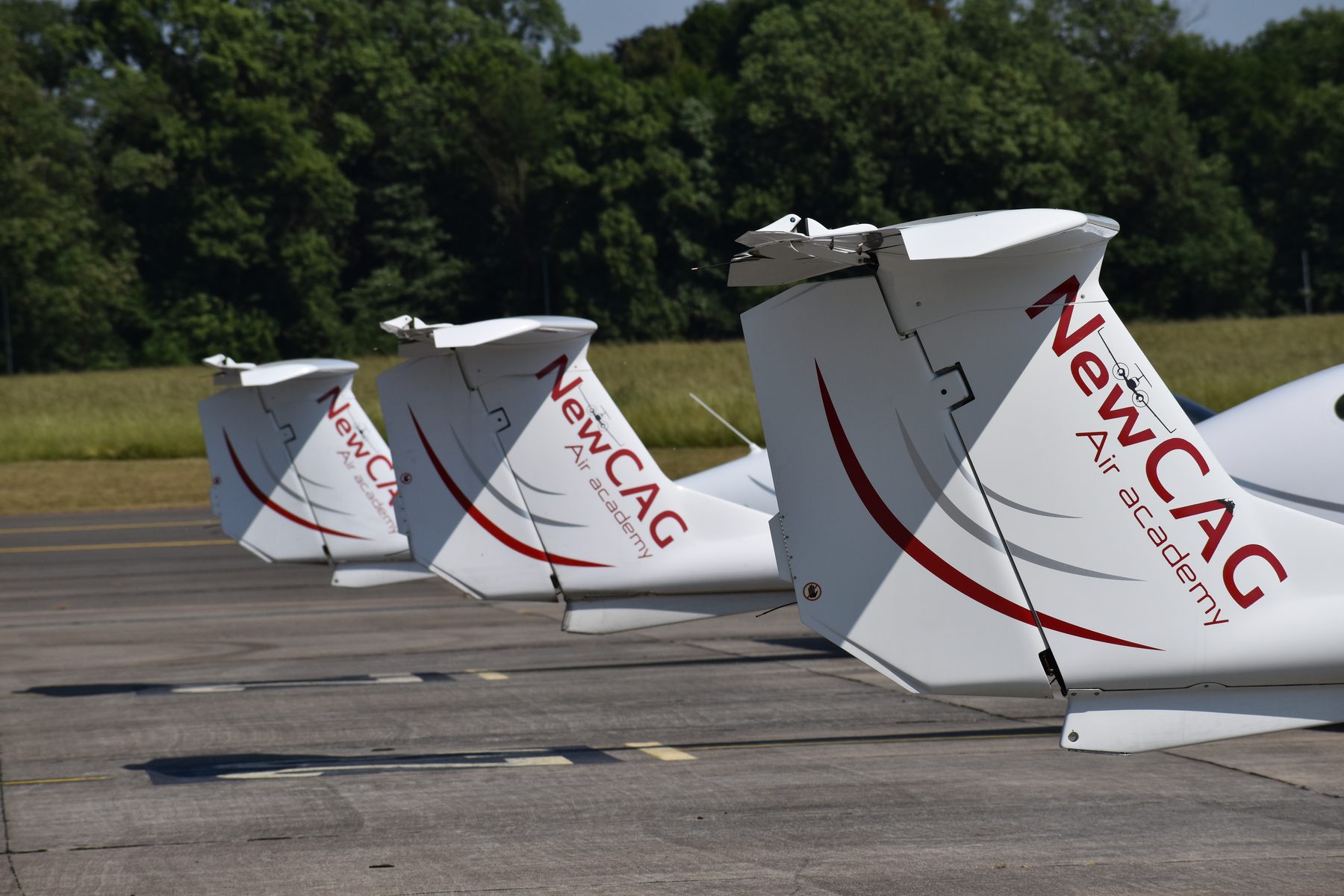 Les dérives des avions de l’école alignées sur le tarmac